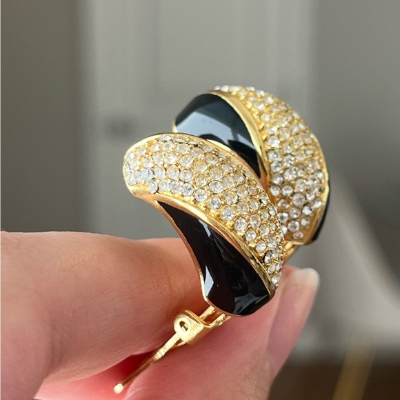 Vintage Christian Dior Rhinestone Pavé Black Enamel Thin Gold Hoop Clip Earrings - Picture 3 of 10